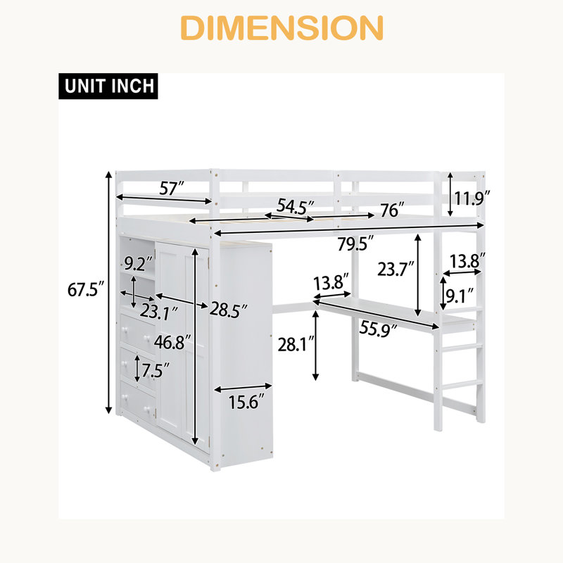 Lit mezzanine double en bois avec garde-robe intégrée, bureau, tablettes de rangement et tiroirs, Blanc