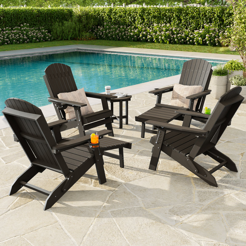 Folding Adirondack Chair with Retractable Ottoman & Cup Holder, 3-Position Adjustable for Patio, All-Weather Outdoor Seating