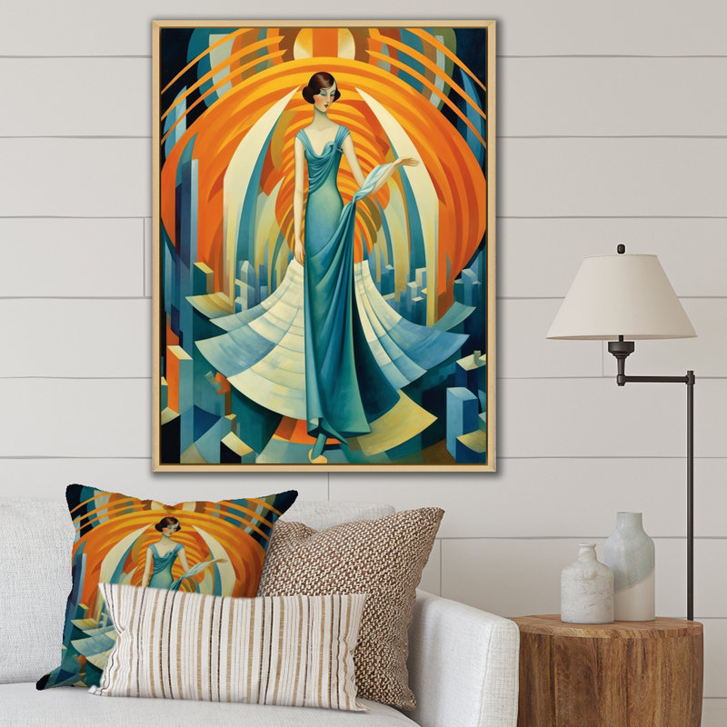 Art Deco Cosmopolitan Gracieuse danseuse en bleu - mode femme, reproduction sur toile encadrée, H 32 po x l 16 po x P 1 po