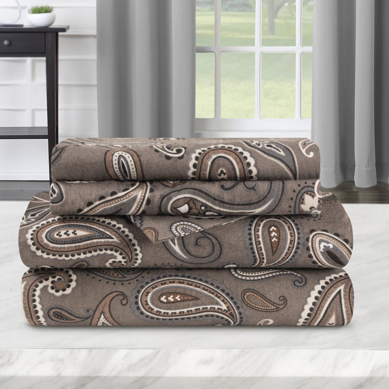Superior 100% Cotton Flannel Deep Pocket Paisley Printed Sheet Set, Gray Paisley, Full 4pc Set
