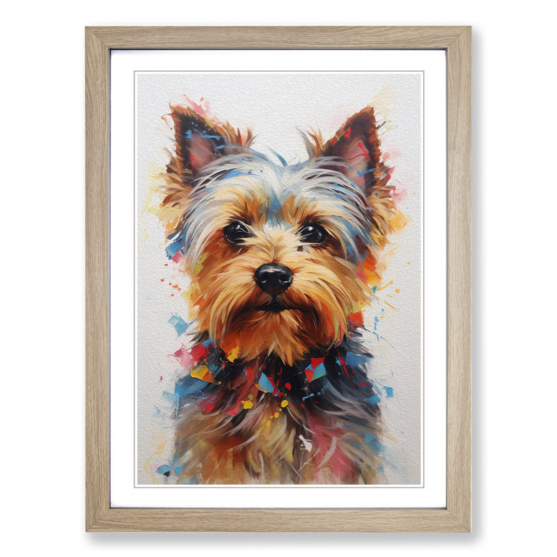 Yorkshire Terrier Hard Edge Painting - Single Picture Frame Print on Wood, 46cm H x 34cm W x 2cm D, Oak