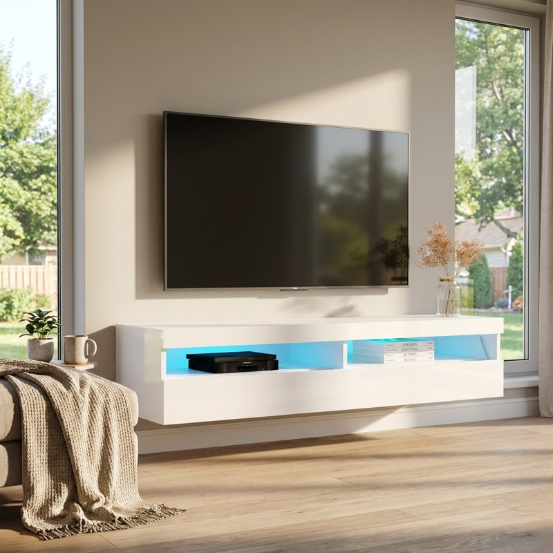 Meuble télé mural flottant avec éclairage DEL de 63 po Fly, Blanc
