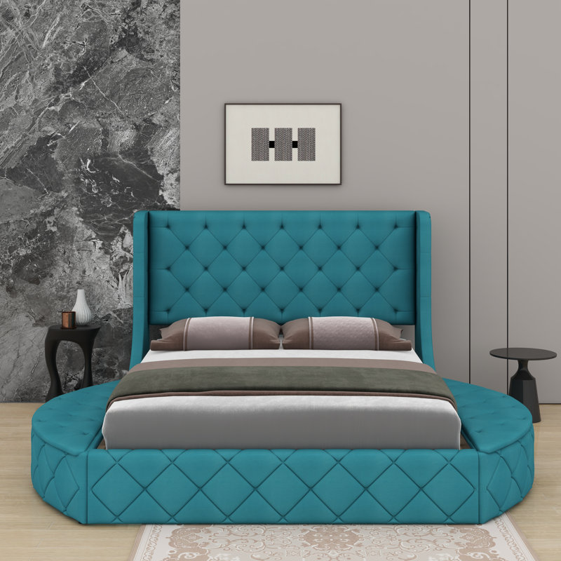 Lit plateforme tapissier en velours avec tête de lit à oreilles, 1 tiroir et 2 tabourets de rangement latéraux, Bleu