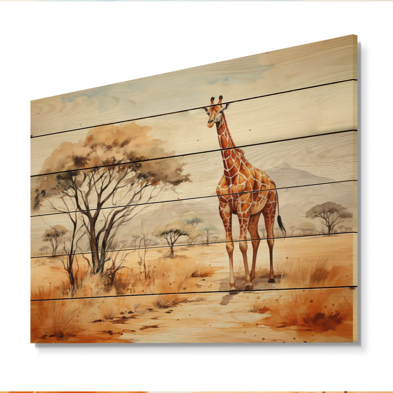 «Orange Orange Beige Girrafe Walk In African Landscape» sur impression sur bois, H 24 po x l 32 po x P 0,78 po