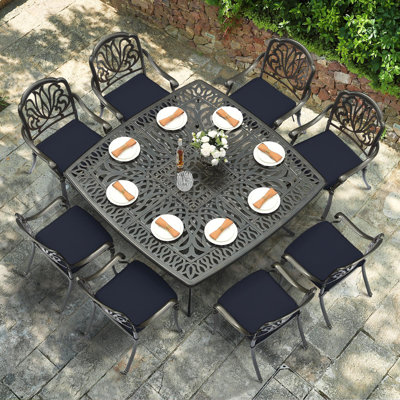 Vivijason 9-piece Outdoor Furniture Dining Set For 8, All-weather Cast Aluminum Patio Table And Chairs Set With 8 Cushioned Chairs, 63.98" Large Square Dining Table And Umbrella Hole For Deck Lawn
