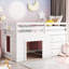 Lit mezzanine simple blanc avec structure en bois massif, armoire et tablette-936929426