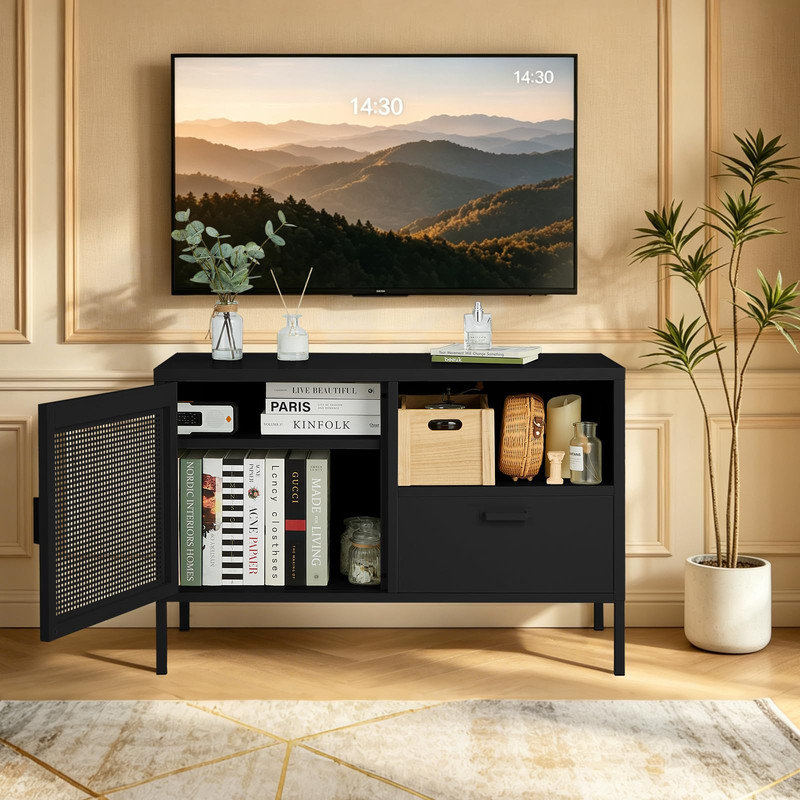 Meuble télé moderne blanc avec tablette ajustable avec tiroir et porte grillagée, Noir