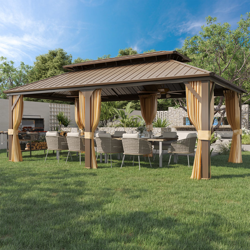 20 Ft. W x 12 Ft. D Hardtop Gazebo, Galvanized Steel Double Roof with Aluminum Frame, Outdoor Gazebo with Curtains and Nettings for Patio, Backyard and Deck