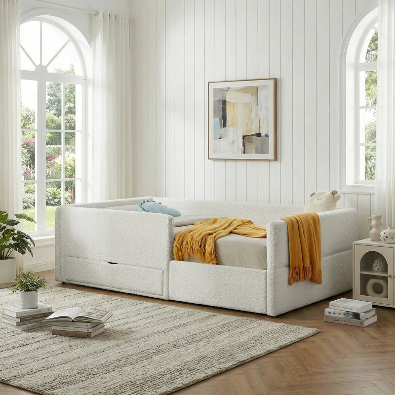 Boucle Upholstered Semi-enclosed Daybed With Storage Drawer And Two-step Foam Step Stool, Beige
