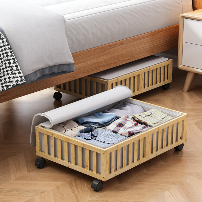 Bamboo Under Bed Storage Containers With Wheels, 2 Pack Under The Bed Shoe Storage Bins, Wood Rolling Underbed Drawers With Bag Organizer, Nature