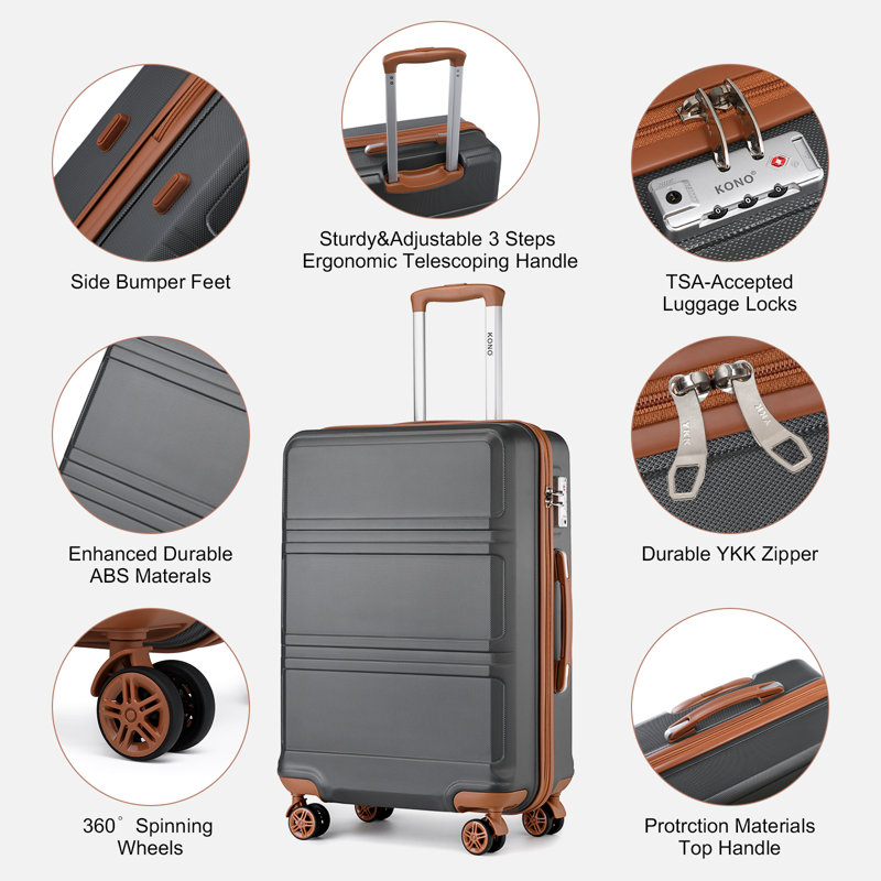 KONO 6-Piece Luggage Set, Lightweight ABS Hardside Spinner Suitcases with Tote & Toiletry Bag, Multiple Colors Available (Black/Grey/Cream White)