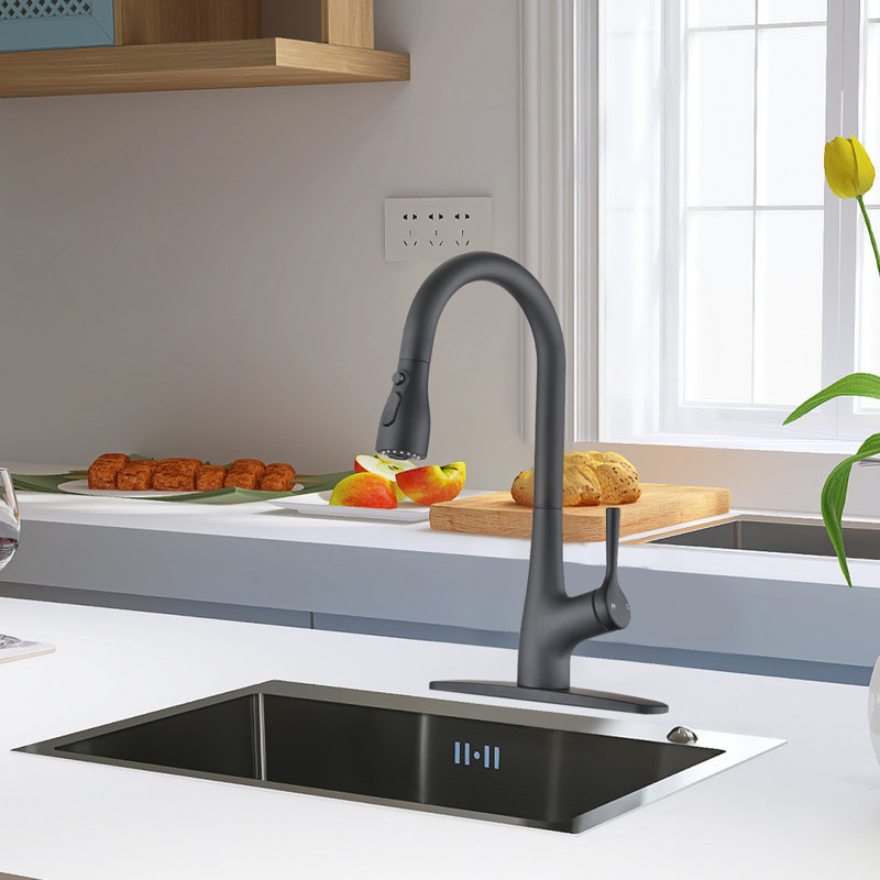 Robinet de cuisine à poignée simple à arche élevée noir mat , Avec distributeur de savon