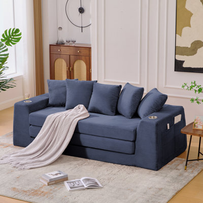 Boneless 82.25" Bed,Loveseat Sleeper Sofa,2 In 1 Sofa, Corduroy Pull Out Sofa Bed,5 Pillows, Side Pocket,Two Cup Holders,Wide Armrest, Convertible Sofa