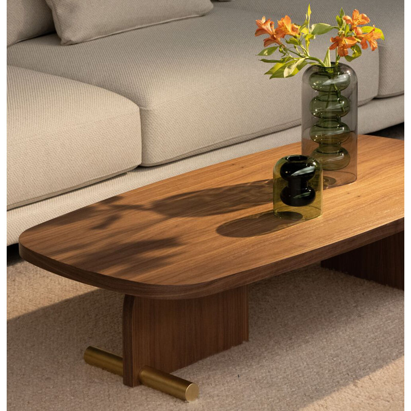 Walnut Oval Solid Wood Coffee Table with Metal Accents