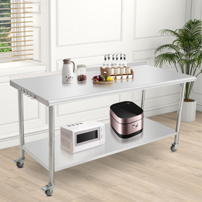 72x30x35 Inch Heavy Duty Stainless Steel Worktable, Commercial Prep Table with Adjustable Undershelf for Kitchen, Restaurant, Home, Hotel Workstation, with wheels, with rear panel