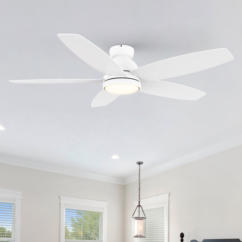  Ventilateur de plafond à moteur à courant continu de 52 po avec lumière DEL et télécommande, Blanc / bois clair, Blanc