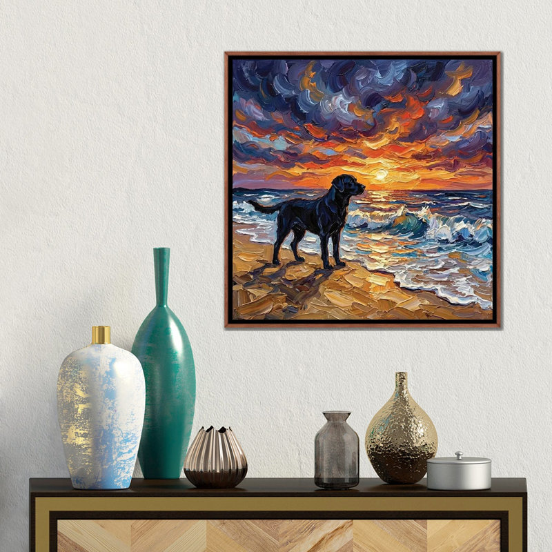 «Beach Night - Black Labrador», reproduction d'art sur toile encadrée, 18" x 18", Framed Canvas, Brown