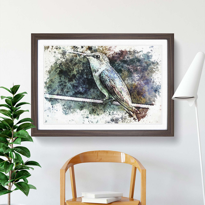 Hummingbird Bird on a Wire in Abstract - Picture Frame Painting Print, 27cm H x 36cm W x 2cm D, Walnut Framed
