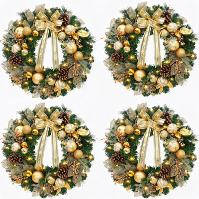 Couronne de Noël dorée de luxe (4 pièces, 61 cm) avec ornements métalliques, feuilles en maille, pommes de pin et nœud, 20 DEL étanches pour l'entrée