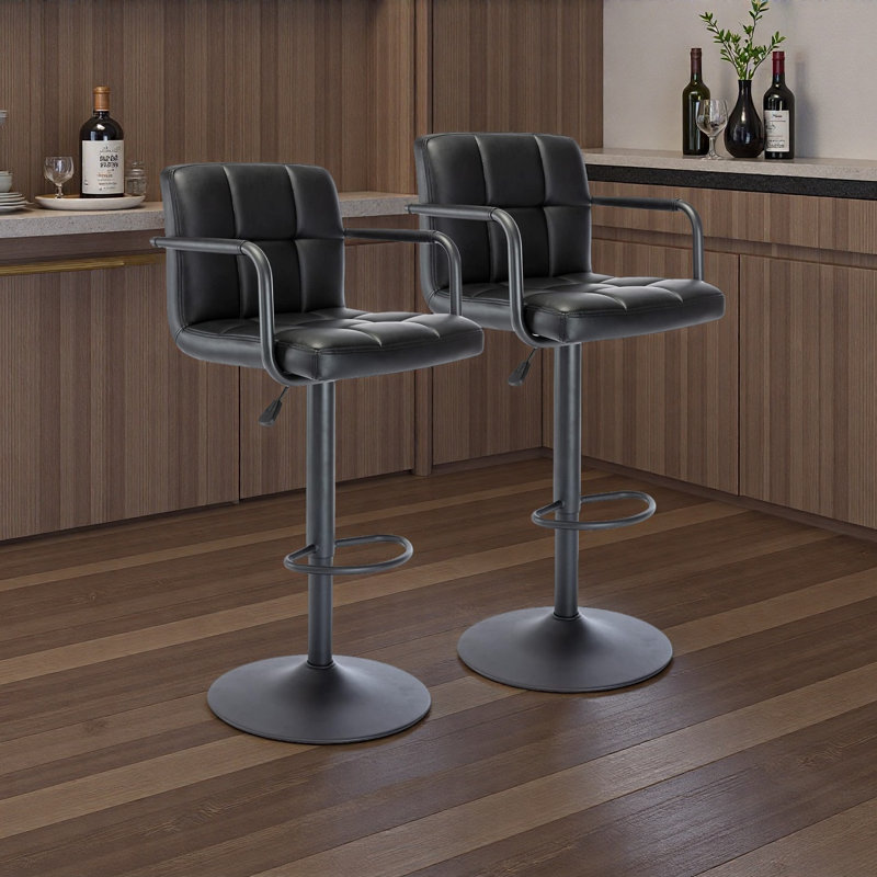 Tabourets de bar carrés en cuir pu, tabourets de comptoir pivotants réglables avec dossier et accoudoirs, Noir, Noir, 2