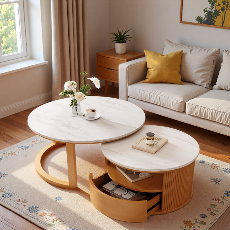 Table basse ronde gigogne avec plateau en marbre blanc, rangement à 2 niveaux et 1 tiroir