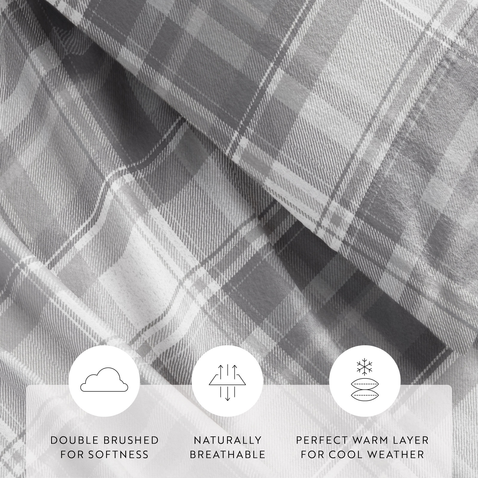 Cotton Flannel Sheet Set, California King Sheet Set, Light Gray / Plaid