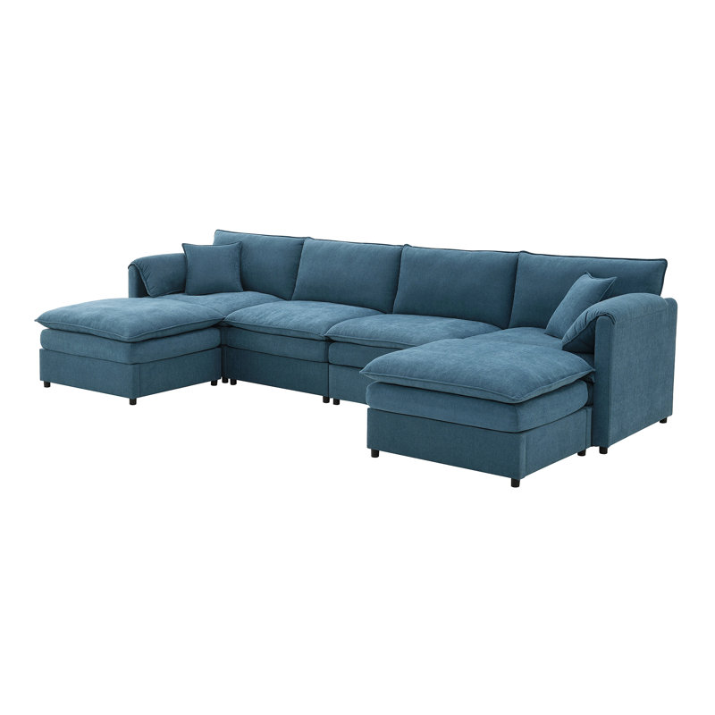 Chenille Modular Sectional Sofa with Double Cushions, Blue