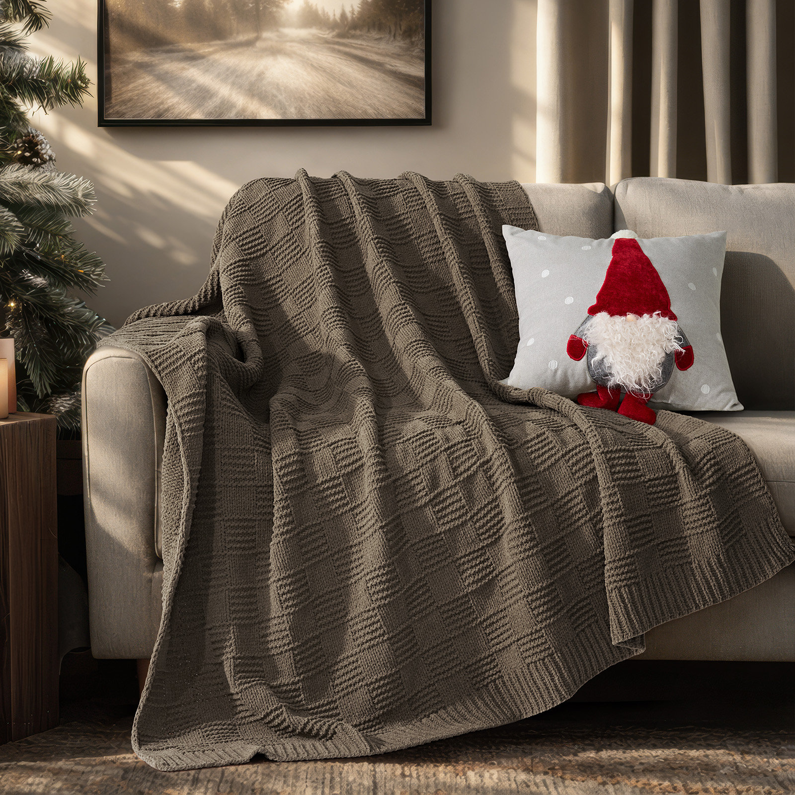 Checkered Weighted Knit Throw Blanket, Mocha Brown, Throw