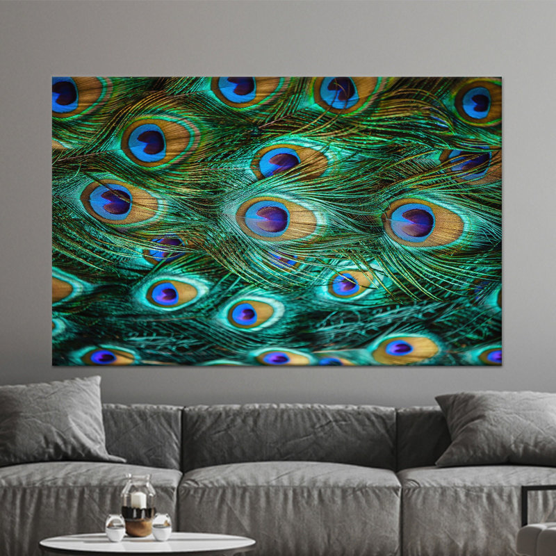 Printed Canvas Artwork: Elegant Peacock Feathers in Vibrant Hues,1P GoldFramedCanvas, H: 63.1 x W:102.4 inches