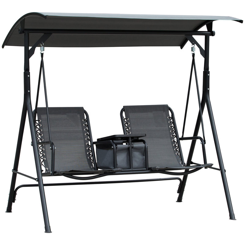 Balançoire de patio grise 2 places, avec auvent, table de rangement, porte-gobelet, store réglable, structure en acier robuste, capacité de charge de 240 kg (528 lb).