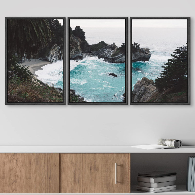 Sea Bay avec roches, vagues, photo moderne, paysage, décoration murale, H 24 po x l 48 po, Cadre flottant noir