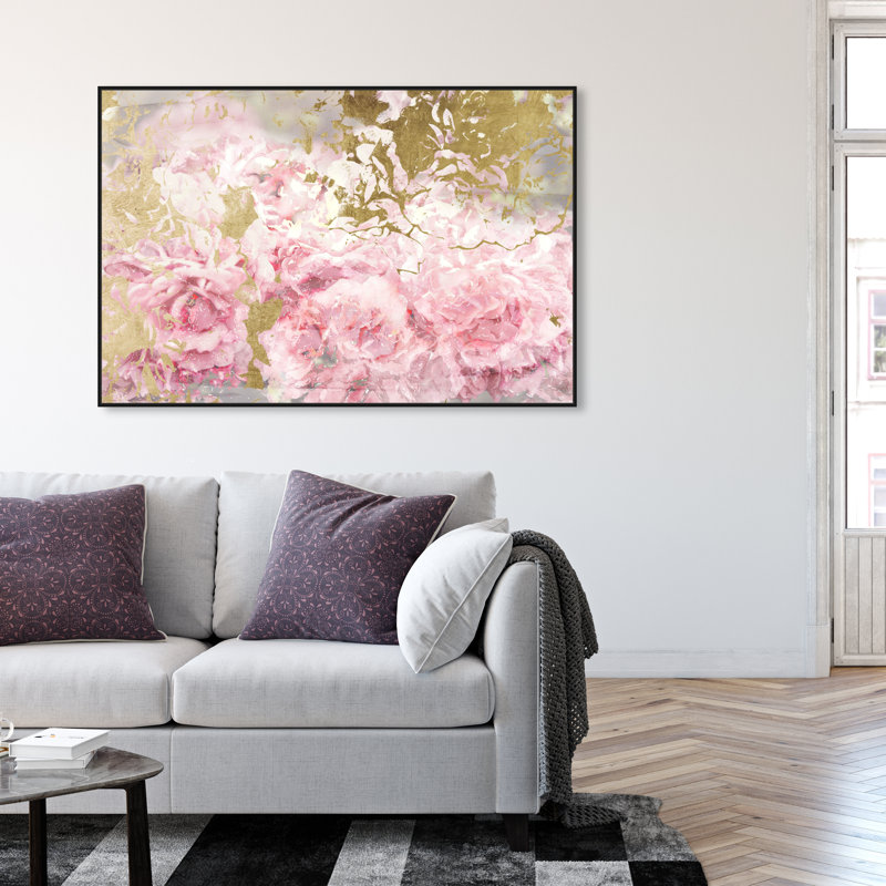 Floral et fleurs de camélias roses et dorées - impression, H 36 po x l 54 po, Cadre noir
