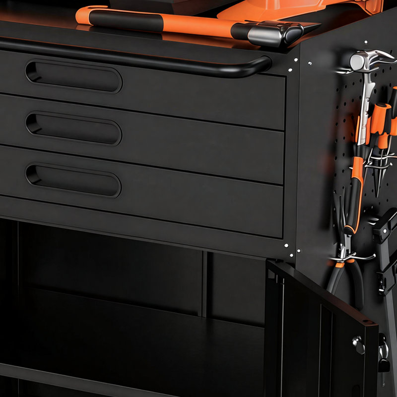 Armoire de rangement mobile en métal robuste avec portes verrouillables et trois tiroirs; Convient pour une utilisation comme établi mobile dans les garages, les ateliers et les maisons.