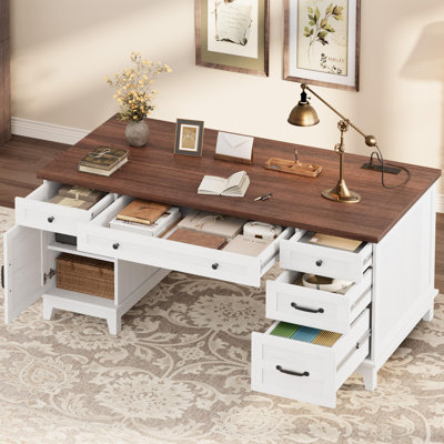 60in Wooden Executive Desk with 5 Drawers & Charging Station – Farmhouse Office Computer Table with File Cabinet Storage for Study, Home Office (White Walnut)