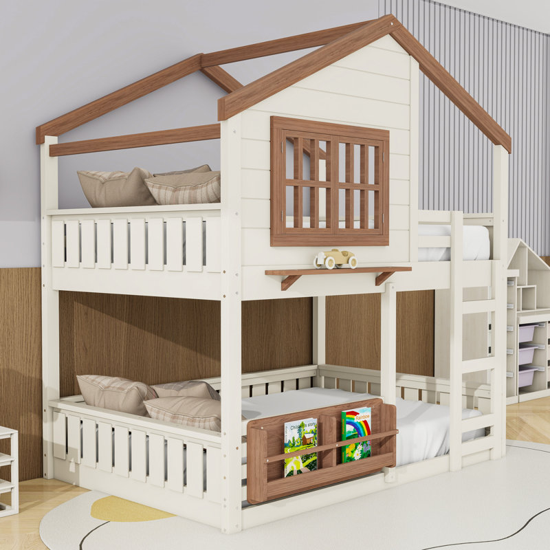 Wood Floor Bunk Bed With Bookshelf And Guardrails, Beige/Natural, Full Over Full