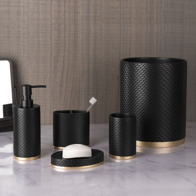 Amal Black and Gold Resin Toothbrush Holder with Embossed Detailing