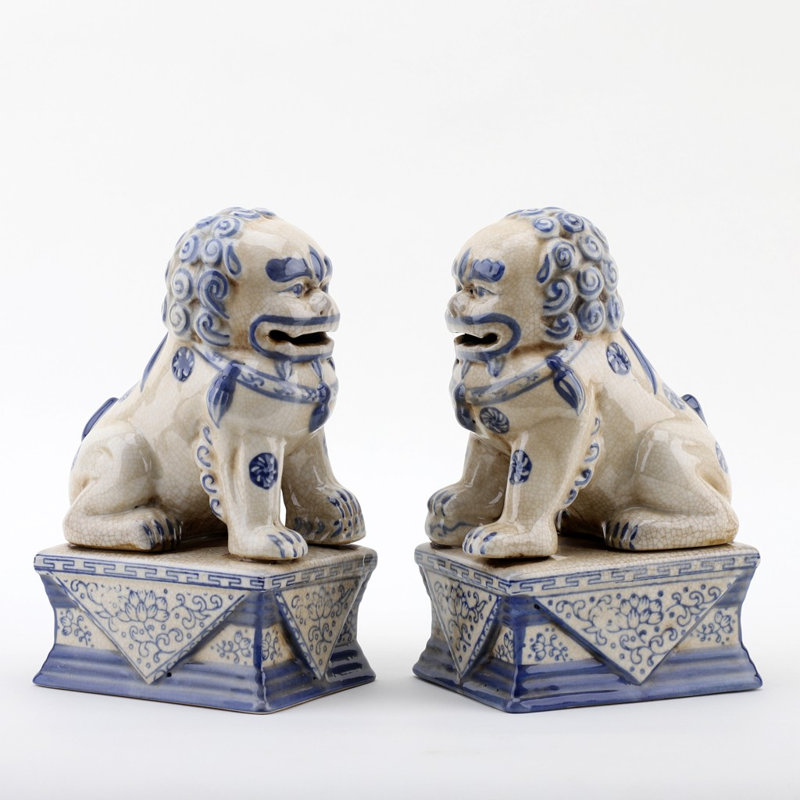 Pair of Lucky Foo Dog Figurine, Cream, 7.5" H x 3.25" W x 4.5" D