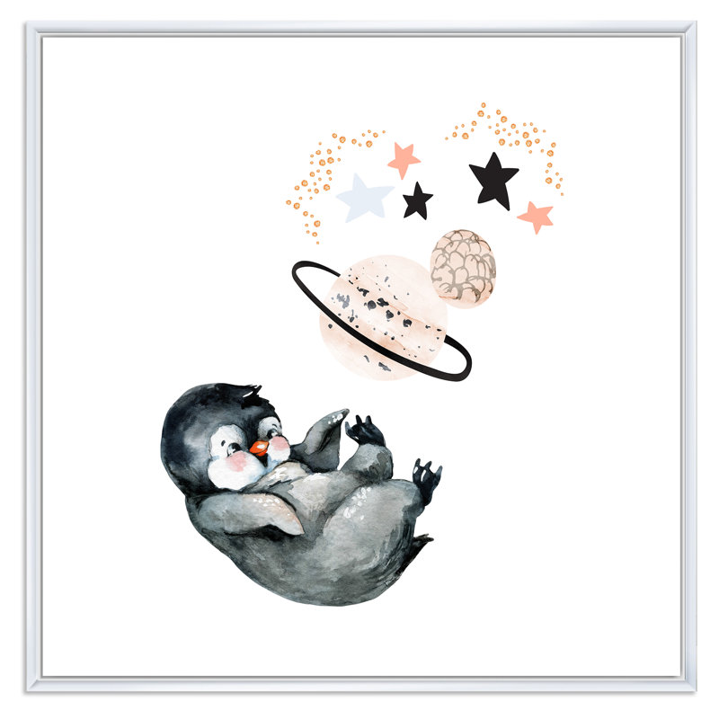 Mignon petit pingouin - peinture, H 30 po x l 30 po x P 1 po, Cadre flottant blanc