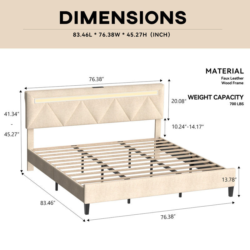 King Bed Frame with Charging Station & LED Lights,Noise Free,Beige, King