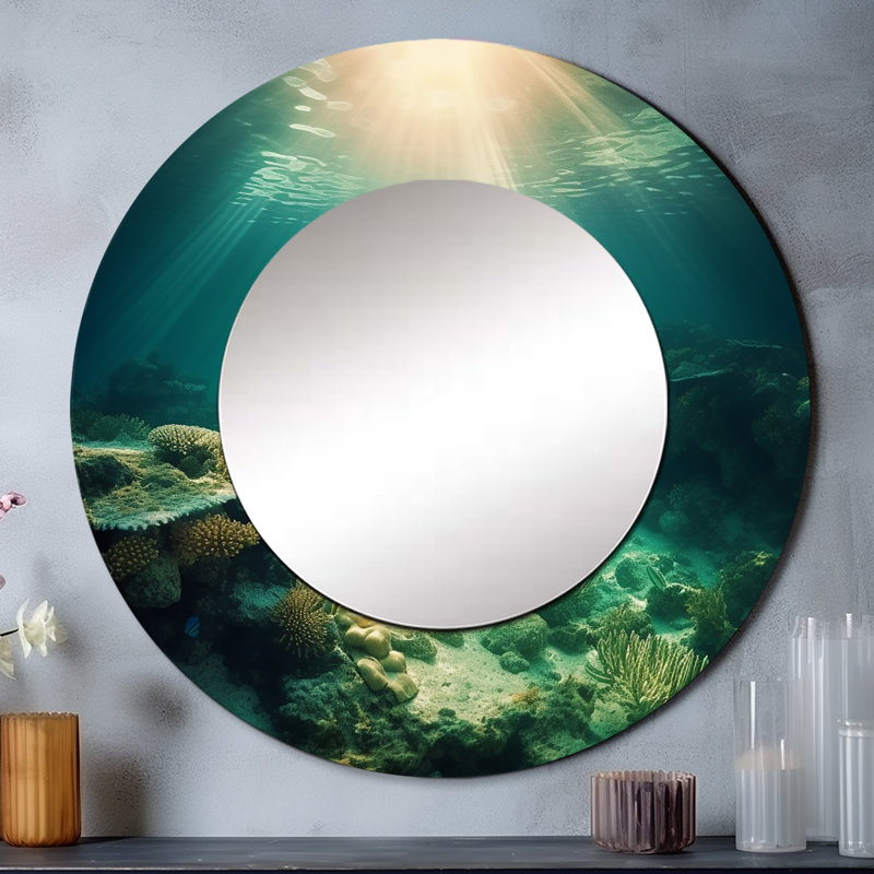 Underwater Coral II - miroir bord de mer, miroir mural rond unique, impression sur métal, 29 po x 29 po