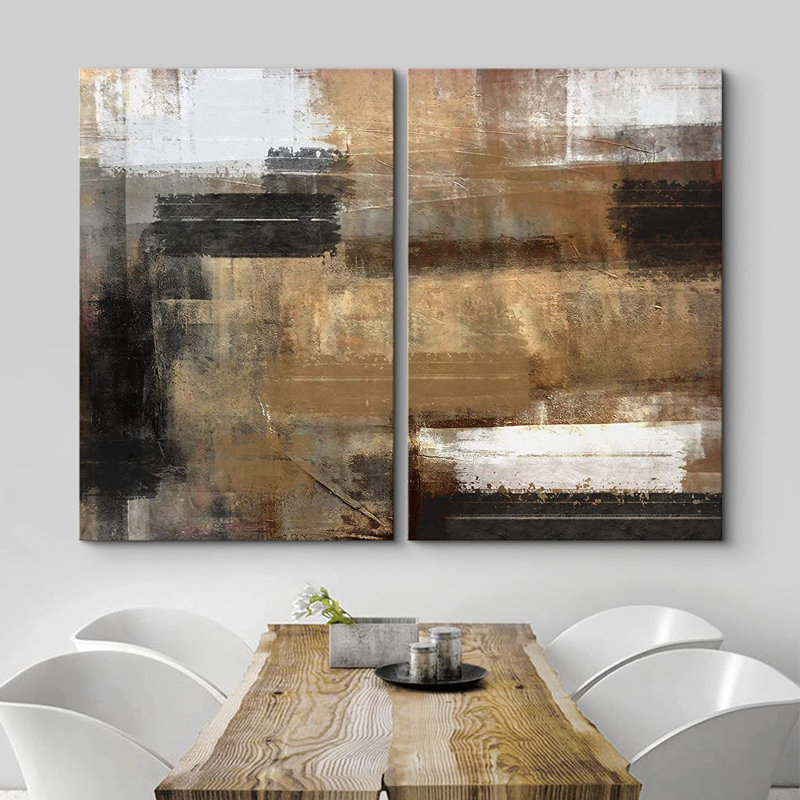 «Grunge Abstract Paint Effect Mid-Century Black Brown Stroke», reproduction sur toile 2 pièces, Toile tendue
