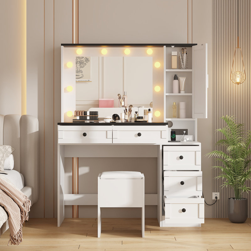 Ensemble de tabouret de maquillage avec miroir lumineux, station de charge, Blanc