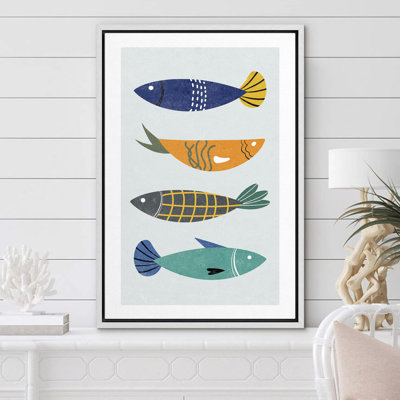 Motif rétro, rétro, variété de poissons, formes d'animaux, style Mid-Century, minimaliste, chic et coloré