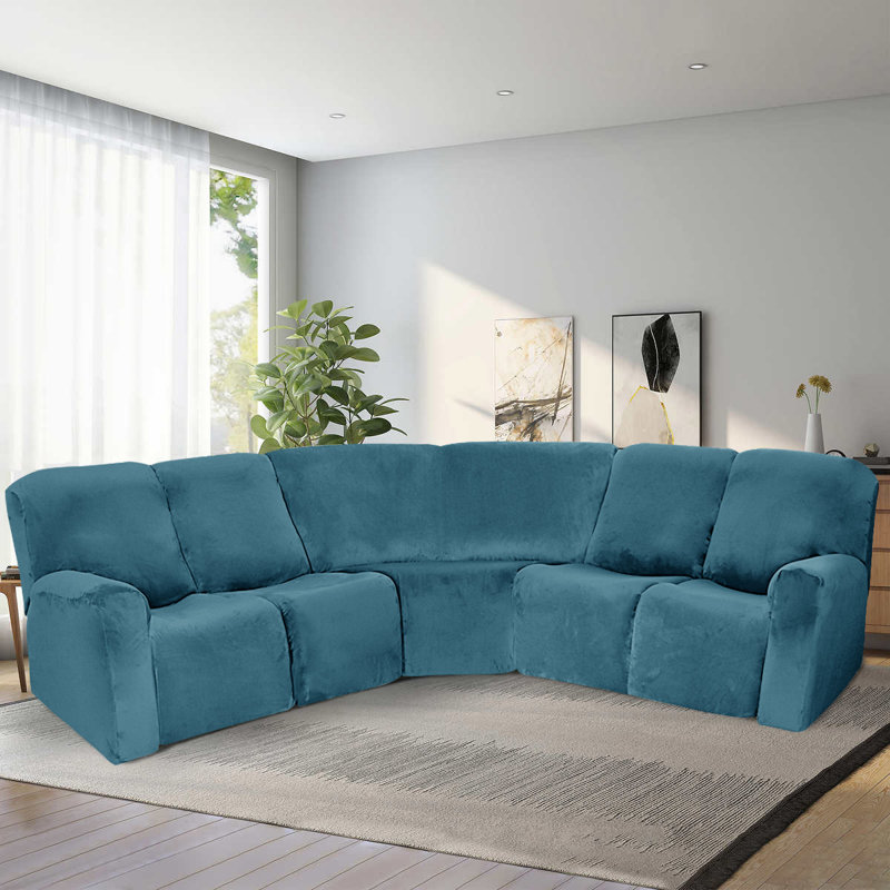 Housse pour canapé modulaire en velours extensible 7 pièces - Housse pour canapé en L inclinable - Lavable, Velours bleu paon