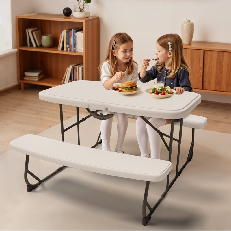  Kids Picnic Table with Benches, HDPE Plastic Top with Steel Frame, Stable & Easy to Clean, Outdoor & Indoor Use