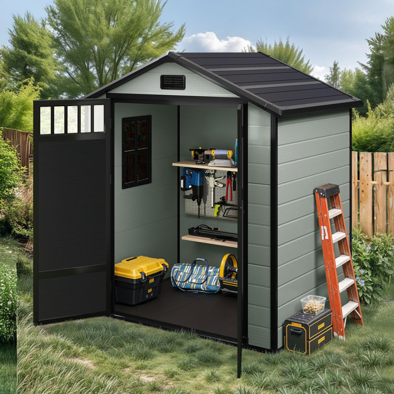 6'X4.4' Outdoor Storage Shed With Fence-Style And Big Windows, Dark Gray