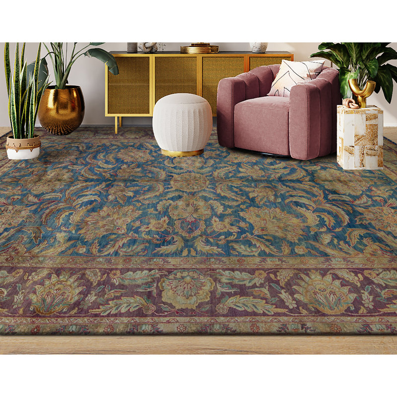 Tapis bleu et rouge noué à la main de haute qualité