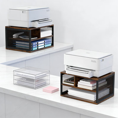 Support pour imprimante en bois avec rangement, étagère de bureau à 2 niveaux avec cadre en acier pour bureau à domicile, papier multifonction et organisateur de fournitures