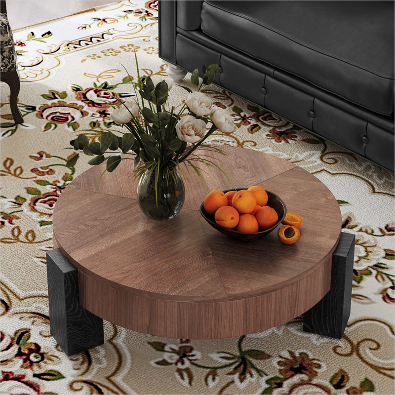 Table basse 33 en placage de noyer avec rangement caché et pieds noirs, Wabi-Sabi moderne