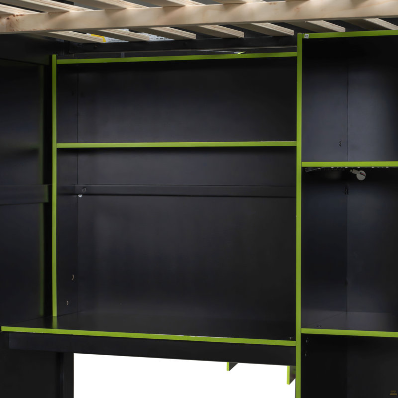 Lit mezzanine double en bois avec bureau, garde-robe ouverte, compartiments de rangement et lumières RVB, vert